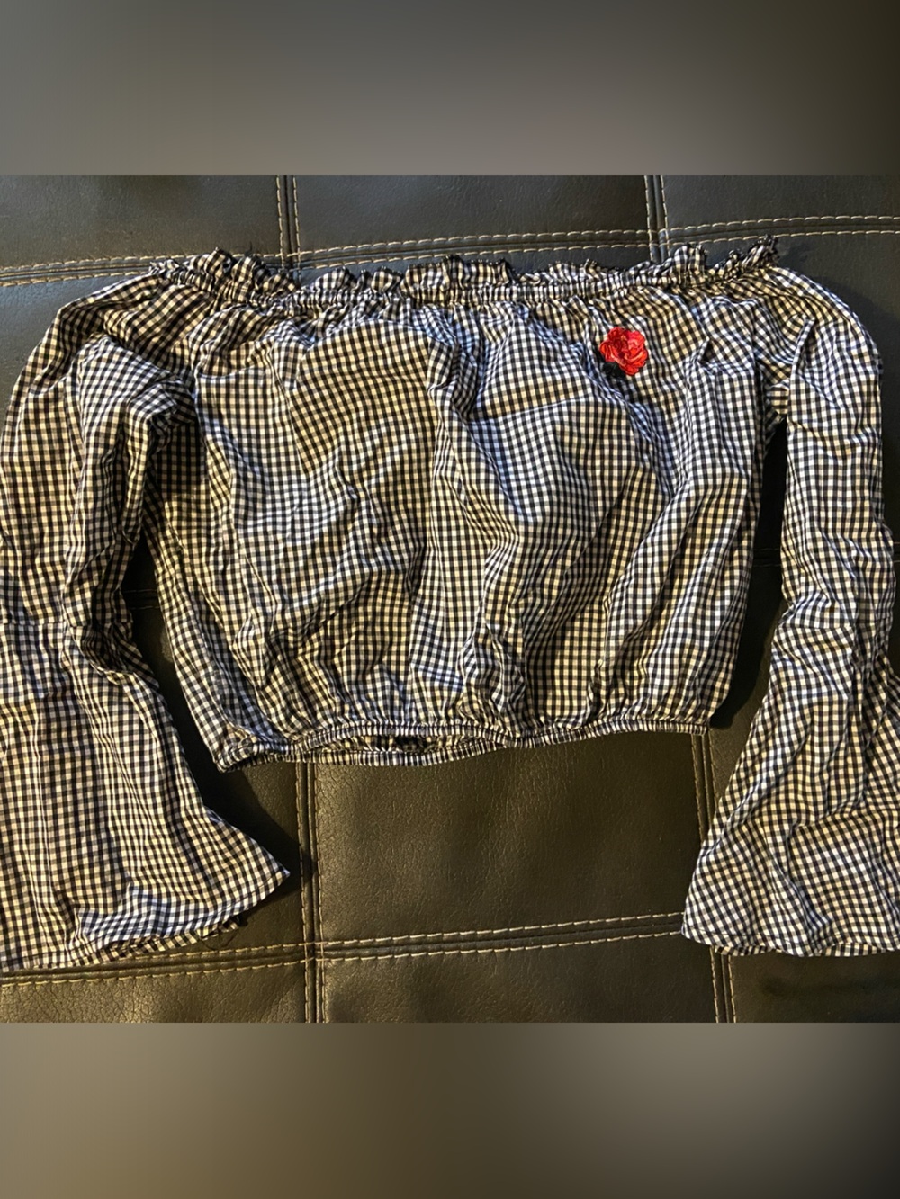 Gingham Off-Shoulder Crop Top w/ Red Rose